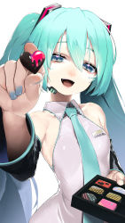 Rule 34 | 1girl, absurdres, aqua eyes, aqua hair, aqua necktie, bad id, bad pixiv id, blue nails, box, box of chocolates, breasts, chocolate, collared shirt, detached sleeves, foreshortening, grey shirt, hair between eyes, hatsune miku, highres, long hair, long sleeves, looking at viewer, microphone, nail polish, necktie, open mouth, rsk (tbhono), shirt, simple background, small breasts, smile, solo, twintails, upper body, valentine, vocaloid, white background