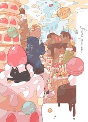 Rule 34 | 1girl, absurdres, bandaid, bandaid on leg, black cat, butter, cake, candle, cat, chocolate cake, food, food on head, from behind, fruit, hand up, haru57928031, highres, macaron, object on head, original, pancake, shoes, sitting, solo, strawberry, syrup, white footwear
