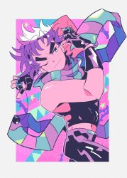 Rule 34 | 1boy, absurdres, arm behind head, bare arms, bare shoulders, battle tendency, blue eyes, bola (weapon), clacker, clothing cutout, commentary, crop top, fingerless gloves, gloves, gogeyama, hand up, hermit purple, highres, holding, holding weapon, jojo no kimyou na bouken, joseph joestar, joseph joestar (young), light blush, light smile, looking to the side, male focus, midriff, midriff peek, multicolored clothes, multicolored scarf, nail polish, narrow waist, navel, one eye closed, pants, purple hair, purple nails, scarf, shiny clothes, short hair, sideways glance, sleeveless, solo, stand (jojo), star (symbol), striped clothes, striped scarf, symbol-shaped pupils, thick eyebrows, weapon