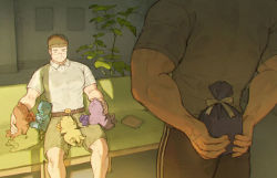 Rule 34 | 2boys, alternate costume, back, bara, belt, black hair, brown hair, chataro1412, couch, couple, creature, feet out of frame, from behind, gift bag, gift wrapping, glasses, green shorts, male focus, protagonist 3 (housamo), multiple boys, muscular, muscular male, on couch, pants, pectorals, plant, rimless eyewear, motoori shiro, shirt, short hair, shorts, sitting, smile, sunlight, thick eyebrows, tokyo houkago summoners, track pants, white shirt, yaoi