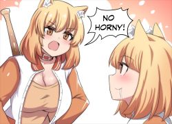 Rule 34 | 2girls, animal collar, animal ear fluff, animal ears, baseball bat, blonde hair, blush, breasts, cheemsburger (doge), cleavage, closed mouth, collar, dog ears, dog girl, doge, drooling, english text, highres, hinghoi, horny jail (meme), jacket, large breasts, meme, merryweather, multiple girls, open mouth, orange eyes, original, personification, saliva, shirt, smile, speech bubble
