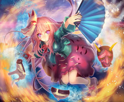 Rule 34 | 1girl, aura, blush, boots, bow, breasts, bubble skirt, collared shirt, commentary request, debris, energy, folding fan, footwear bow, foreshortening, fox mask, hand fan, hata no kokoro, knees together feet apart, long hair, long sleeves, looking at viewer, mask, noh mask, official art, oni mask, parted lips, pink hair, pink skirt, plaid, plaid shirt, purple eyes, shirt, shoes, skirt, small breasts, solo, tanaka ken&#039;ichi, thighs, touhou, unbuttoned, very long hair