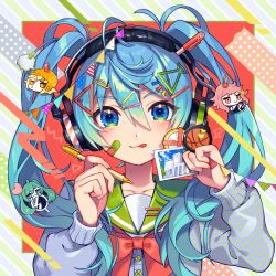 Rule 34 | 1girl, :p, blue eyes, blue hair, blush, bow, cardigan, closed mouth, collarbone, commentary request, diagonal stripes, fingernails, green sailor collar, grey cardigan, hair ornament, hairclip, hands up, hatsune miku, headphones, highres, holding, holding pencil, long sleeves, nou (nounknown), paperclip, pencil, red bow, sailor collar, school uniform, serafuku, shirt, smile, solo, striped, striped background, tongue, tongue out, twintails, upper body, vocaloid, white shirt