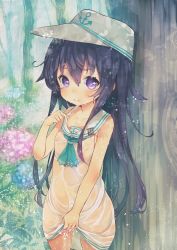 Rule 34 | 10s, 1girl, :t, adapted costume, akatsuki (kancolle), akatsuki kai ni (kancolle), bare shoulders, black hair, commentary request, dress, flat cap, flat chest, flower, hat, hydrangea, kantai collection, long hair, nipples, outdoors, pout, rain, sailor dress, see-through, sleeveless, sleeveless dress, solo, suzuho hotaru, wet, wet clothes