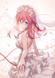 Rule 34 | 1girl, back, backless dress, backless outfit, bare arms, bare shoulders, bison cangshu, blue eyes, blush, breasts, bridal veil, choker, closed mouth, dress, flower, frills, from side, go-toubun no hanayome, hair between eyes, highres, long dress, long hair, looking at viewer, looking to the side, medium breasts, nakano miku, petals, pink hair, red ribbon, ribbon, rose, sleeveless, sleeveless dress, smile, solo, standing, strapless, strapless dress, veil, wedding dress, white dress, white flower