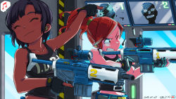 Rule 34 | 2girls, ^ ^, artist name, assault rifle, beamed eighth notes, black gloves, black hair, black shirt, blue eyes, blush stickers, breasts, brown hair, clenched teeth, closed eyes, closed mouth, clothes writing, collarbone, commentary, dark-skinned female, dark skin, dated, day, del-chan, ear protection, firing, gloves, gun, highres, indoors, japanese flag, medium breasts, monitor, multiple girls, musical note, navel, nuclear throne, one eye closed, partially fingerless gloves, pointing, ponytail, rifle, rogue (nuclear throne), shell casing, shirt, short hair, sleeveless, sleeveless shirt, speech bubble, spoken musical note, sweat, teeth, trigger discipline, weapon