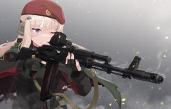 Rule 34 | 1girl, absurdres, ak-74m, ak74m (girls&#039; frontline), assault rifle, beret, blood, blue eyes, cape, clenched teeth, cuts, fingerless gloves, girls&#039; frontline, gloves, gun, hair ornament, hat, highres, holding, holding gun, holding weapon, injury, kalashnikov rifle, light brown hair, long hair, long sleeves, narynn, one eye closed, red hat, rifle, snowflake hair ornament, solo, steam, teeth, torn cape, torn clothes, upper body, weapon