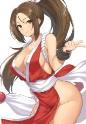 Rule 34 | 1girl, absurdres, arm guards, bare shoulders, breasts, brown eyes, brown hair, cleavage, closed mouth, commentary request, fatal fury, hair between eyes, high ponytail, highres, hip focus, large breasts, long hair, ninja, parted bangs, pelvic curtain, pointing, ponytail, revealing clothes, rope, shiranui mai, sideboob, smile, suiroh (shideoukami), the king of fighters, thighs