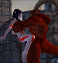 Rule 34 | 3d, animated, animated gif, bodypaint, boots, breasts, city, colored skin, demon, elf, giant, giantess, held up, high heel boots, high heels, horns, huge penis, knee boots, large insertion, long hair, lowres, lumina vs. nybras, monster, orgasm, pale skin, penis, pointy ears, red skin, sex, stomach bulge, suspended congress, tail, tattoo, vaginal, white footwear