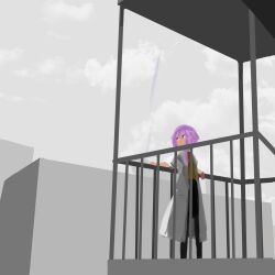 Rule 34 | 1girl, absurdres, against railing, alternate costume, balcony, between fingers, black pants, cigarette, coat, commentary request, grey theme, highres, holding, holding cigarette, kagari-lunatic, lab coat, leaning back, light purple hair, looking back, open clothes, open coat, overcast, pants, purple eyes, railing, shirt, sky, sleeves rolled up, smoke trail, solo, standing, vocaloid, voiceroid, wide shot, yellow shirt, yuzuki yukari