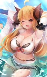 Rule 34 | :d, absurdres, ahoge, akiba monaka, anila (granblue fantasy), anila (summer) (granblue fantasy), arms behind head, bikini, blonde hair, bow, bow bikini, breasts, brown eyes, cleavage, cloud, collarbone, detached sleeves, granblue fantasy, highres, horns, in water, large breasts, long hair, looking at viewer, midriff, mountain, navel, one eye closed, open mouth, red ribbon, ribbon, sheep horns, shiny skin, short eyebrows, sitting, sky, smile, solo, stomach, sunlight, swimsuit, thick eyebrows, thighlet, thighs, water, wet, white bikini