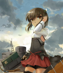 Rule 34 | 10s, 1girl, adjusting hair, arm up, bad id, bad pixiv id, bike shorts, blush, boat, bow (weapon), brown eyes, brown hair, cloud, crossbow, flat chest, headband, headgear, ipuu (el-ane koubou), kantai collection, open mouth, pleated skirt, short hair, skirt, sky, solo, sunrise, taihou (kancolle), thighhighs, watercraft, weapon, wind