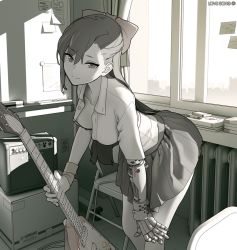 Rule 34 | 1girl, amplifier, areola slip, breasts, building, cable, chair, circle a, electric guitar, electric plug, greyscale, guitar, holding, holding instrument, indoors, instrument, leaning forward, long hair, looking at viewer, mechanical arms, mole, mole under eye, monochrome, original, pen, pleated skirt, plectrum, school uniform, signature, silhouette, single mechanical arm, skirt, smile, solo, spot color, sticky note, window