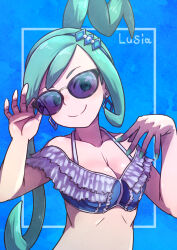Rule 34 | 1girl, adjusting eyewear, alternate costume, blue background, breasts, character name, cleavage, closed mouth, commentary request, creatures (company), earrings, game freak, green eyes, green hair, green nails, hands up, highres, jewelry, kotobukkii (yt lvlv), lisia (pokemon), looking at viewer, medium breasts, nail polish, nintendo, one side up, pokemon, pokemon oras, ribs, smile, solo, split mouth, sunglasses, swimsuit, upper body