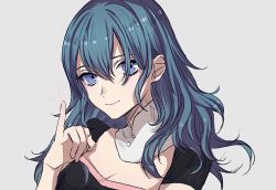 Rule 34 | 1girl, ballpoint pen (medium), blue eyes, blue hair, breasts, byleth (female) (fire emblem), byleth (fire emblem), choker, cleavage, closed mouth, fire emblem, fire emblem: three houses, grey background, hair between eyes, long hair, looking at viewer, medium breasts, nintendo, portrait, roroichi, short sleeves, simple background, smile, solo, traditional media