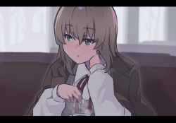 Rule 34 | 1girl, coat, cup, girls und panzer, grey eyes, grey hair, hair between eyes, head rest, highres, itsumi erika, kimi tsuru, letterboxed, open clothes, open coat, sitting, solo, sugar cube