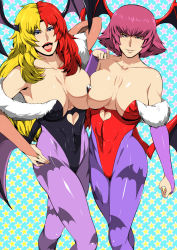 Rule 34 | 2girls, bare shoulders, blue eyes, breast press, breasts, cameltoe, chara soon, cleavage, clothing cutout, collarbone, cosplay, covered navel, demon wings, elbow gloves, covered erect nipples, gloves, greco roman (spiral brain), gundam, gundam zz, haman karn, head wings, heart cutout, highres, large breasts, legs, leotard, long hair, looking at viewer, makeup, morrigan aensland (cosplay), multicolored hair, multiple girls, open mouth, parted lips, pink hair, short hair, simple background, smile, standing, thighs, vampire (game), wings