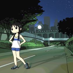 Rule 34 | 1girl, album cover redraw, alternate costume, black eyes, black hair, chito (shoujo shuumatsu ryokou), closed mouth, collarbone, derivative work, eli (chibitoad), expressionless, highres, lamppost, long hair, looking away, low twintails, night, outdoors, photo-referenced, road, shadow, shoujo shuumatsu ryokou, solo, twintails
