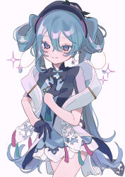 Rule 34 | 1girl, absurdres, black gloves, black hat, blue dress, blue eyes, blue hair, blush, chinese clothes, closed mouth, commentary, cowboy shot, dress, earrings, flower, gloves, hair between eyes, hair rings, hakudaku, half gloves, hand on own chest, hat, hat flower, hatsune miku, highres, jewelry, light smile, long hair, looking at viewer, miku with you (vocaloid), official art, shawl, short sleeves, simple background, single earring, solo, sparkle, twintails, very long hair, vocaloid