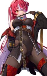 Rule 34 | 1girl, :p, black gloves, black jacket, black leotard, breasts, covered navel, full body, gloves, hair bun, hand fan, heterochromia, highres, holding, holding fan, hololive, houshou marine, houshou marine (marching band), jacket, jacket partially removed, kneeling, large breasts, leotard, light blush, long hair, long sleeves, looking at viewer, multicolored hair, official alternate costume, open clothes, open jacket, pantyhose, playboy bunny, red eyes, red hair, simple background, single side bun, solo, streaked hair, sugoi yowai, tiptoes, tongue, tongue out, very long hair, virtual youtuber, white background, white hair, yellow eyes