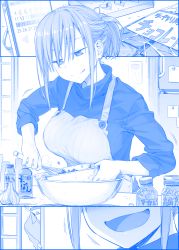Rule 34 | 1boy, 1girl, apron, blue theme, blush, breasts, chocolate, comic, commentary request, cooking, garlic, getsuyoubi no tawawa, himura kiseki, holding, indoors, large breasts, long hair, maegami-chan (tawawa), monochrome, open mouth, shirt, silent comic, smile, valentine, whisk
