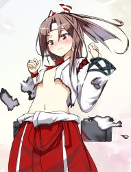 Rule 34 | 10s, 1girl, angry, blush, breasts, bridal gauntlets, brown eyes, brown hair, clenched hands, cowboy shot, embarrassed, frown, hachimaki, hair ribbon, hakama, hakama skirt, headband, high ponytail, highres, japanese clothes, kantai collection, long hair, long sleeves, looking down, midriff, navel, no bra, nose blush, nosuku, open clothes, personification, ponytail, red hakama, ribbon, skirt, small breasts, solo, standing, striped, torn clothes, wide sleeves, zuihou (kancolle)