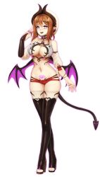 Rule 34 | 1girl, :d, adapted costume, atelier (series), atelier ryza, atelier ryza 1, barbariank, black footwear, black gloves, blush, boots, breasts, bridal gauntlets, brown hair, cleavage, commentary, crossed legs, demon horns, demon tail, demon wings, earrings, english commentary, fangs, female pubic hair, full body, gloves, hair ornament, hairclip, hand up, hat, heart, heart-shaped pupils, highres, horns, inward v, jewelry, large breasts, looking at viewer, micro shorts, open mouth, pink eyes, pointy ears, pubic hair, pubic tattoo, red shorts, reisalin stout, revealing clothes, short hair, shorts, simple background, single glove, smile, solo, standing, symbol-shaped pupils, tail, tattoo, thigh boots, thighhighs, toeless footwear, v, watson cross, white background, white hat, white thighhighs, wings