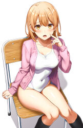 Rule 34 | 1girl, absurdres, arm support, black socks, blush, breasts, cardigan, chair, collarbone, commentary request, covered navel, cowboy shot, embarrassed, finger to cheek, highres, inanaki shiki, isshiki iroha, knees together feet apart, medium breasts, medium hair, on chair, one-piece swimsuit, open mouth, orange hair, pink cardigan, raised eyebrows, school chair, simple background, sitting, skin tight, socks, solo, swimsuit, thighs, white background, white one-piece swimsuit, yahari ore no seishun lovecome wa machigatteiru., yellow eyes