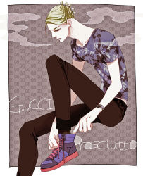 Rule 34 | 1boy, blonde hair, casual, cigarette, fuhmin, jojo no kimyou na bouken, male focus, oketsu fumio, prosciutto, shirt, shoes, sneakers, solo, t-shirt