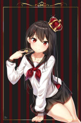 Rule 34 | 1girl, arm support, bad id, bad pixiv id, black sailor collar, black skirt, blush, breasts, brown hair, card, closed mouth, collarbone, commentary, crown, english commentary, hair between eyes, hair ornament, hairclip, hand up, head tilt, heart, highres, holding, holding card, long hair, long sleeves, medium breasts, mini crown, moong gya, neckerchief, original, pleated skirt, red eyes, red neckerchief, sailor collar, school uniform, serafuku, shirt, signature, skirt, smile, solo, striped, striped background, tilted headwear, transparent, vertical stripes, very long hair, white shirt