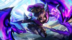 Rule 34 | 1girl, bent over, black jacket, blonde hair, breasts, claws, day, dominatrix, evelynn (league of legends), green eyes, hair over one eye, hat over one eye, highres, jacket, large breasts, league of legends, licking lips, looking at viewer, mole, mole under eye, official art, outdoors, pants, purple headwear, short hair, smile, solo, soul fighter evelynn, tentacles, tongue, tongue out, white pants
