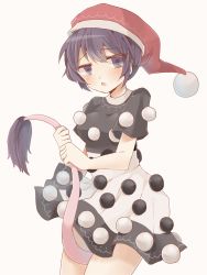 Rule 34 | 1girl, bad id, bad pixiv id, between legs, black dress, blue eyes, blue hair, blush, breasts, cowboy shot, doremy sweet, dress, hair between eyes, hat, highres, holding own tail, looking at viewer, matching hair/eyes, medium breasts, multicolored clothes, multicolored dress, nightcap, open mouth, pink background, pom pom (clothes), short sleeves, simple background, solo, sui (aruko91), tail, tail between legs, thighs, touhou, white dress