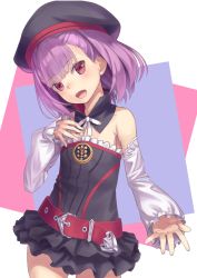 Rule 34 | 1girl, :d, bare shoulders, belt, beret, black dress, black hat, blush, commentary request, cowboy shot, detached sleeves, doonatsu., dress, fate/grand order, fate (series), gluteal fold, hand on own chest, hand up, hat, head tilt, helena blavatsky (fate), highres, long sleeves, looking at viewer, open mouth, outstretched arm, puffy long sleeves, puffy sleeves, purple hair, red belt, red eyes, sefirot, smile, solo, strapless, strapless dress