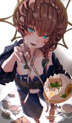 Rule 34 | 1girl, absurdres, blue eyes, blue overalls, blurry, blurry background, blush, braid, cake, chest belt, commentary request, crown braid, cup, e ixion, fate/grand order, fate (series), flat chest, flower, food, from above, frying pan, hair ornament, hat, highres, holding, holding spoon, leaf hair ornament, long hair, looking at viewer, navel, nervous, open mouth, overall shorts, overalls, pov, see-through, see-through sleeves, side braid, solo, spoon, straw hat, sunflower, sweat, unzipped, van gogh (fate), white background, yellow hat