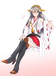 Rule 34 | 1girl, black hair, boots, brown eyes, crossed legs, detached sleeves, foreshortening, full body, gradient background, hair ornament, hairband, hairclip, haruna (kancolle), headgear, highres, invisible chair, japanese clothes, kantai collection, long hair, looking at viewer, nitamako (sakamalh), red skirt, ribbon-trimmed sleeves, ribbon trim, sitting, skirt, smile, solo, thigh boots, thighhighs, white background