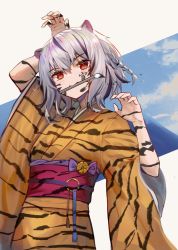 Rule 34 | 1girl, animal ears, arm up, black hair, blue sky, bodypaint, braid, chinese zodiac, claw pose, cloud, cloudy sky, commentary request, facepaint, furisode, grey hair, hair between eyes, hand up, head tilt, highres, hopepe, japanese clothes, kimono, long sleeves, looking at viewer, medium hair, mountain, mouth hold, multicolored hair, obi, obiage, obijime, orange kimono, original, outstretched hand, paint on clothes, paintbrush, red eyes, sash, side braid, sky, solo, streaked hair, tassel, tiger ears, tiger girl, tiger stripes, wide sleeves, year of the tiger