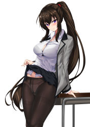 Rule 34 | 1girl, absurdres, arm support, black bra, black skirt, bra, bra visible through clothes, breasts, brown hair, brown pantyhose, button gap, closed mouth, clothes lift, collared shirt, counter:side, dress shirt, elze (s01047480836), grey jacket, gusset, highres, jacket, large breasts, lifted by self, long hair, long sleeves, looking at viewer, miniskirt, open clothes, open jacket, panties, panties under pantyhose, pantyhose, pleated skirt, ponytail, purple eyes, see-through, shirt, sidelocks, skirt, skirt lift, smile, solo, standing, thighband pantyhose, underwear, very long hair, white shirt, yoo mina
