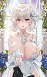 Rule 34 | 1boy, 1girl, azur lane, bangs, bare shoulders, blush, breasts, bride, choker, church, cleavage, collarbone, commander (azur lane), crying, crying with eyes open, detached sleeves, dress, eyebrows visible through hair, flower, glove, hair between eyes, hair ribbon, hairband, hand holding, hand on own chest, happy, highres, huge breasts, indoors, jaeyun, jewelry, looking at viewer, neck ribbon, open mouth, pov, red eyes, revealing clothes, ribbon, ribbon choker, ring, sheer clothes, short hair, silver hair, sirius (azur lane), solo focus, tears, thighs, twitter username, wedding, wedding band, wedding dress, wedding ring, white hair