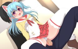 Rule 34 | 1boy, 1girl, absurdres, animal ears, assertive female, bell, black hair, black pants, blue hair, blush, breasts, brown footwear, cat ears, censored, clothed sex, clothing aside, fake animal ears, feet out of frame, fujigaya arctia, girl on top, hetero, highres, igarashi haruna, jingle bell, long hair, long sleeves, mahjong soul, medium bangs, mosaic censoring, neck bell, necktie, one side up, open mouth, panties, panties aside, pants, penis, penis out, pink eyes, plaid, plaid necktie, plaid skirt, pussy, red necktie, red skirt, reverse upright straddle, sex, sex from behind, shirt, shoes, skirt, small breasts, smile, solo focus, testicles, textless version, thighhighs, underwear, vaginal, variant set, white panties, white shirt, white thighhighs