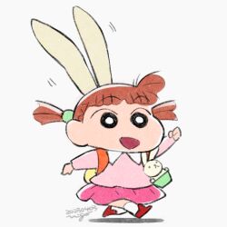 Rule 34 | 1girl, animal ears, arm up, bright pupils, brown hair, child, crayon shin-chan, dated, fake animal ears, full body, grey background, long sleeves, n:go, no nose, official style, open mouth, pink shirt, pink skirt, rabbit ears, red footwear, sakurada nene, shadow, shirt, shoes, short twintails, signature, skirt, socks, solo, stuffed animal, stuffed rabbit, stuffed toy, twintails, walking, white pupils, white socks