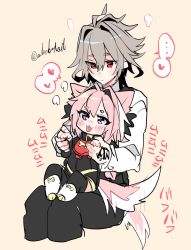 Rule 34 | ..., 2boys, animal ears, artist name, astolfo (fate), blush, command spell, commentary request, dog boy, dog ears, dog tail, eyes visible through hair, fate/apocrypha, fate (series), grey hair, hair between eyes, hand tattoo, haoro, heart, multicolored hair, multiple boys, pink background, pink hair, purple eyes, red eyes, sieg (fate), simple background, sitting, sitting on lap, sitting on person, speech bubble, spoken heart, streaked hair, tail, tail wagging, tattoo, tongue, tongue out, twitter username, two-tone hair, watermark, white hair