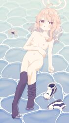 Rule 34 | 1girl, absurdres, alternate costume, alternate hairstyle, artist request, blue archive, check artist, collarbone, flat chest, halo, highres, medium hair, natsu (blue archive), no shoes, nude, on water, pink hair, pink halo, r0k0 m0k0, red eyes, shoes, solo, thighhighs, water