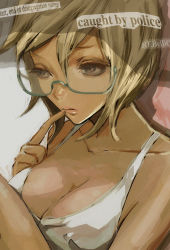 Rule 34 | 1girl, blonde hair, breasts, brown eyes, cleavage, english text, glasses, koutarou (artist), koutarou (farthest), large breasts, lips, newspaper, original, short hair, sitting, solo, tank top, thinking