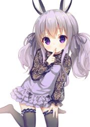 Rule 34 | 1girl, :o, animal ears, black thighhighs, breasts, chitosezaka suzu, commentary request, dress, finger to mouth, hair between eyes, hair ribbon, hand up, long hair, long sleeves, looking at viewer, no shoes, original, parted lips, puffy long sleeves, puffy sleeves, purple dress, purple eyes, purple hair, purple ribbon, rabbit ears, ribbon, see-through, see-through sleeves, sidelocks, simple background, sitting, small breasts, solo, thighhighs, twintails, wariza, white background