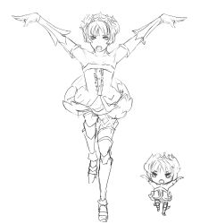 Rule 34 | 1girl, armor, armored dress, bare shoulders, boots, chibi, chibi inset, crane stance, drawfag, dress, elbow gloves, gloves, greyscale, gwendolyn (odin sphere), highres, monochrome, odin sphere, short hair, standing, standing on one leg, strapless, strapless dress, thigh boots, thighhighs, tiara