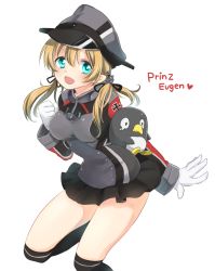 Rule 34 | 10s, 1girl, black thighhighs, blonde hair, blue eyes, failure penguin, gloves, hat, heart, highres, kantai collection, long hair, moca blanc, peaked cap, prinz eugen (kancolle), smile, solo, tears, thighhighs, twintails, uniform, white background