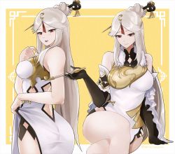 Rule 34 | 1girl, bare shoulders, breasts, china dress, chinese clothes, crossed legs, dress, genshin impact, hair ornament, hair stick, holding, holding smoking pipe, large breasts, long hair, ningguang (genshin impact), parted bangs, sitting, smoking pipe, tommy (kingdukeee), yellow background
