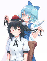 Rule 34 | 2girls, :o, black hair, black ribbon, blue bow, blue dress, blue eyes, blue hair, blush, bow, breasts, cirno, commentary request, cowboy shot, dress, hair between eyes, hair bow, hand up, hat, holding, holding another&#039;s hair, ice, ice wings, looking at another, looking at viewer, multiple girls, neck ribbon, open mouth, pinafore dress, pom pom (clothes), puffy short sleeves, puffy sleeves, red eyes, red ribbon, ribbon, roke (taikodon), shameimaru aya, shirt, short hair, short sleeves, simple background, sleeveless dress, small breasts, smile, standing, tokin hat, touhou, upper body, white background, white shirt, wings