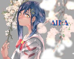 1girl aika_granzchesta aria_(manga) azarea blue_hair blurry blurry_foreground bow bowtie brown_eyes character_name closed_mouth collarbone depth_of_field eyelashes flower grey_background hair_between_eyes hair_ornament hand_up himeya_company_uniform long_hair looking_at_viewer red_bow red_bowtie sailor_collar shadow short_sleeves simple_background solo sparkle upper_body white_flower x_hair_ornament