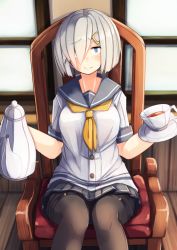 Rule 34 | 10s, 1girl, black pantyhose, black skirt, blue eyes, buttons, chair, closed mouth, collarbone, cup, drink, eyebrows, hair ornament, hair over one eye, hairclip, hamakaze (kancolle), highres, holding, holding cup, indoors, kantai collection, knees together feet apart, liquid, looking at viewer, neckerchief, necktie, pantyhose, plan (planhaplalan), pleated skirt, sailor collar, saucer, school uniform, serafuku, shirt, short hair, short sleeves, silver hair, simple background, sitting, skirt, sleeve cuffs, smile, solo, teacup, teapot, thigh strap, white shirt, window, yellow neckerchief